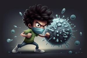 cartone animato ragazzo combattente vs virus batteri e virus illustrazione generativo ai foto