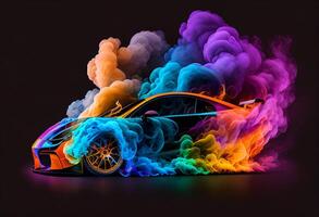 3d interpretazione di un' gli sport auto con colorato Fumo su un' nero sfondo generativo ai foto