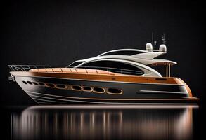 lusso yacht su il acqua. 3d rendere su buio sfondo generativo ai foto
