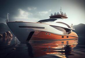 lusso yacht su il acqua. 3d rendere su buio sfondo generativo ai foto