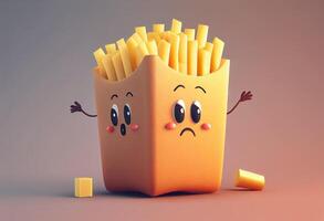 carino veloce cibo francese patatine fritte personaggio con triste viso. 3d illustrazione generativo ai foto