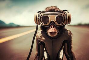 divertente scimmia vestito come aviatore con casco e occhiali su il strada generativo ai foto