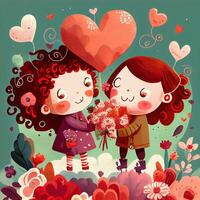 generativo ai illustrazione di un adorabile e accattivante cartone animato personaggio per San Valentino giorno, amore, cuori, fiori, romanza, felice, allegro, gioioso, divertimento, giocoso, spensierato, dolce foto