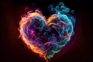generativo ai illustrazione di luminosa multicolore cuore simbolo fatto di Fumo, astratto openwork cuore fatto di Fumo e neon foto
