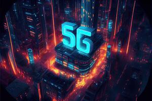 generativo ai illustrazione di futuristico città a notte, 5g Internet Rete senza fili sistemi e Internet di le cose, inteligente città e comunicazione Rete concetto. foto