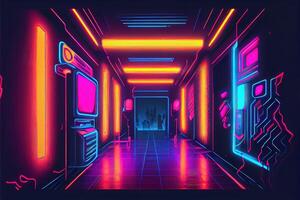 generativo ai illustrazione di gioco sfondo, astratto cyberpunk stile di gamer sfondo, neon splendore leggero di scifi fluorescente bastoni. digitalmente generato Immagine foto