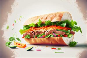 generativo ai illustrazione di banh mi Vietnam pane, cibo, studio, asiatico, vietnamita Sandwich , vietnamita cibo, copia spazio foto