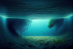 generativo ai illustrazione di oceano profondità. subacqueo vuoto paesaggio, oceano parte inferiore, mare onda foto