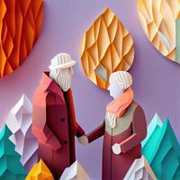 generativo ai illustrazione di origami inverno sfondo, gioioso anziano, colorato. carta tagliare mestiere, 3d carta illustrazione stile. neurale Rete generato arte. foto