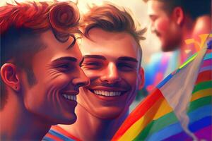 generativo ai illustrazione di diversità giovane gay donne e uomini con agitando orgoglio arcobaleno bandiera. sostenitori di il lgbt Comunità. neurale Rete generato arte. digitalmente generato Immagine. foto