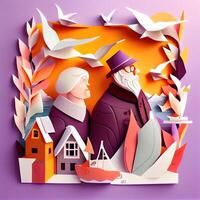 generativo ai illustrazione di origami inverno sfondo, gioioso anziano, colorato. carta tagliare mestiere, 3d carta illustrazione stile. neurale Rete generato arte. foto