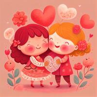 generativo ai illustrazione di un adorabile e accattivante cartone animato personaggio per San Valentino giorno, amore, cuori, fiori, romanza, felice, allegro, gioioso, divertimento, giocoso, spensierato, dolce foto