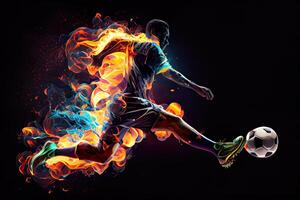 generativo ai illustrazione di il essenza di un' calcio giocatore nel movimento come essi calcio un' palla con intenso energia, circondato di vivace colori e spruzzi foto