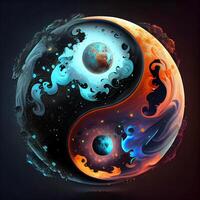 generativo ai illustrazione di un' mitico yin yang Magia design fatto a partire dal carnevale bicchiere, fantasia cielo sfondo, maestri di il buio, fantasia epico atmosfera foto