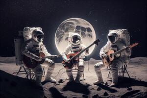 generativo ai illustrazione di un' trio di astronauti fabbricazione musica su il lunare superficie foto