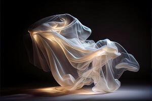 generativo ai illustrazione di levitante in movimento torsione traslucido stoffa copertura raggiante oggetti nel buio sfondo foto