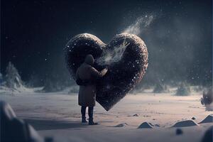 generativo ai illustrazione di un' bufera di neve di amore. coppia baci nel neve. grande cuore. amore e San Valentino giorno concetto. neurale Rete generato arte. digitalmente generato Immagine. foto