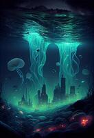 generativo ai illustrazione di bio luminescente città sotto acqua foto