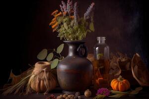 generativo ai illustrazione di il ingredienti di un' fiore vaso disposte per un' di strega ricettario. erbe aromatiche, bottiglie, fiale, terracotta miscelazione pentola foto