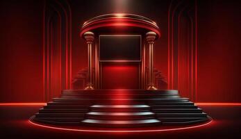 palcoscenico podio scena per premio cerimonia su rosso sfondo. generativo ai foto