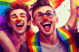 generativo ai illustrazione di diversità giovane gay donne e uomini con agitando orgoglio arcobaleno bandiera. sostenitori di il lgbt Comunità. neurale Rete generato arte. digitalmente generato Immagine. foto