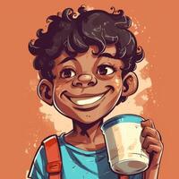 giovane ragazzo potabile latte, cartone animato illustrazione con generativo ai foto