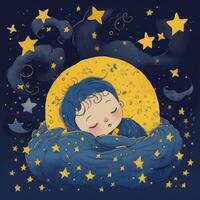 bambino addormentato tra blu cielo, luminosa Luna e stelle, cartone animato con generativo ai foto