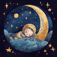 bambino addormentato tra blu cielo, luminosa Luna e stelle, cartone animato con generativo ai foto