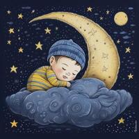 bambino addormentato tra blu cielo, luminosa Luna e stelle, cartone animato con generativo ai foto