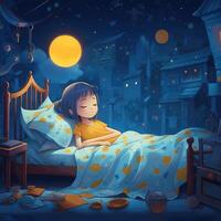 ragazza addormentato tra il blu cielo, luminosa Luna e stelle, cartone animato con generativo ai foto