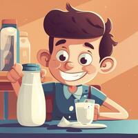 giovane ragazzo potabile latte, cartone animato illustrazione con generativo ai foto