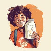 giovane ragazzo potabile latte, cartone animato illustrazione con generativo ai foto