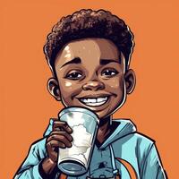 giovane ragazzo potabile latte, cartone animato illustrazione con generativo ai foto