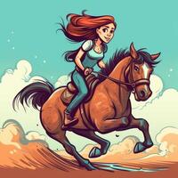 un' ragazza equitazione su un' cavallo, cartone animato illustrazione con generativo ai foto
