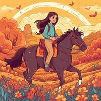 un' ragazza equitazione su un' cavallo, cartone animato illustrazione con generativo ai foto