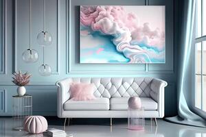generativo ai illustrazione di il etereo bellezza di un' delicato pastello interno con un' immagine su un' leggero parete con nuvole e onde foto