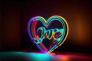 generativo ai illustrazione di amore cuore neon luce, arredamento, luminosa luce, romantico. amore e San Valentino giorno concetto. neurale Rete generato arte. digitalmente generato Immagine. foto