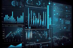 generativo ai illustrazione di finanziario grafici, futuristico, silhouette crypto moneta mercato, isometrico, blu sfondo foto