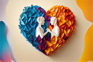 generativo ai illustrazione di origami San Valentino giorno sfondo, contento coppia, colorato. carta tagliare mestiere, 3d carta stile. neurale Rete generato arte. digitalmente generato Immagine foto