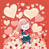 generativo ai illustrazione di un adorabile e accattivante cartone animato personaggio per San Valentino giorno, amore, cuori, fiori, romanza, felice, allegro, gioioso, divertimento, giocoso, spensierato, dolce foto