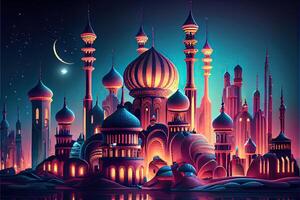 generativo ai illustrazione di Fata - racconto arabo notte città con torri e cozze. notte neon orientale città. fantasia urbano Arabo paesaggio foto