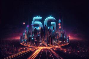 generativo ai illustrazione di futuristico città a notte, 5g Internet Rete senza fili sistemi e Internet di le cose, inteligente città e comunicazione Rete concetto. foto