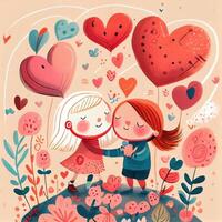 generativo ai illustrazione di un adorabile e accattivante cartone animato personaggio per San Valentino giorno, amore, cuori, fiori, romanza, felice, allegro, gioioso, divertimento, giocoso, spensierato, dolce foto