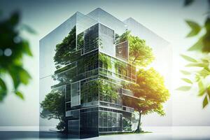 generativo ai illustrazione di eco amichevole costruzione nel un' contemporaneo metropoli. un' sostenibile bicchiere edificio con verde albero rami e le foglie per abbassamento calore e carbonio biossido. foto