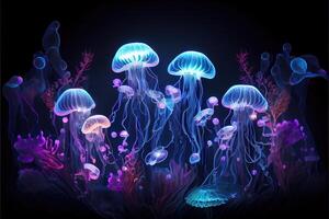 generativo ai illustrazione di raggiante mare meduse su buio sfondo, luce, Magia, mare foto