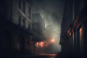 generativo ai illustrazione di buio cupo vuoto strada con Fumo, smog foto