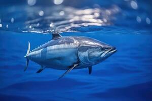 tonno pesce nel chiaro blu oceano acqua generativo ai foto
