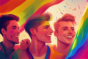 generativo ai illustrazione di diversità giovane gay donne e uomini con agitando orgoglio arcobaleno bandiera. sostenitori di il lgbt Comunità. neurale Rete generato arte. digitalmente generato Immagine. foto