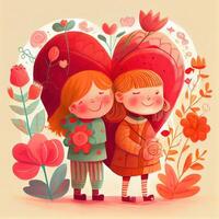 generativo ai illustrazione di un adorabile e accattivante cartone animato personaggio per San Valentino giorno, amore, cuori, fiori, romanza, felice, allegro, gioioso, divertimento, giocoso, spensierato, dolce foto