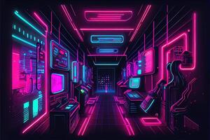 generativo ai illustrazione di gioco sfondo, astratto cyberpunk stile di gamer sfondo, neon splendore leggero di scifi fluorescente bastoni. digitalmente generato Immagine foto